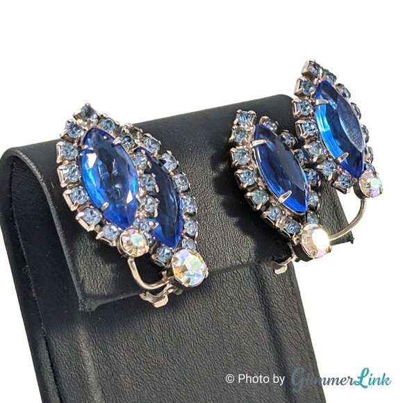 VTG Aurora Borealis Blue Rhinestone Ear Climber Silver Tone Clip On Earrings - Picture 2 of 9
